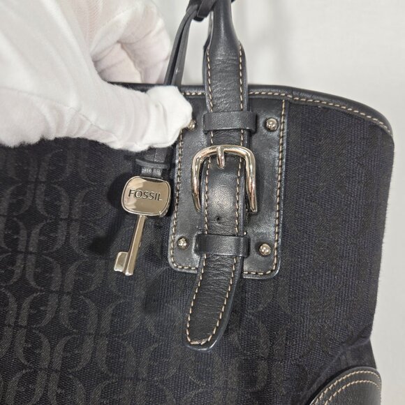 Vintage FOSSIL Y2K Whimsigoth BLACK Signature Canvas Leather Trim Shoulder Bag. - Picture 11 of 17